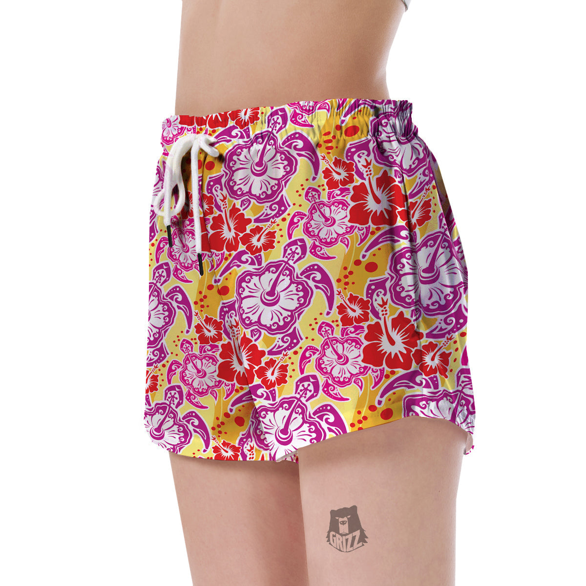 Sea Turtle Red Hibiscus Hawaiian Pattern Print Women's Shorts-grizzshop
