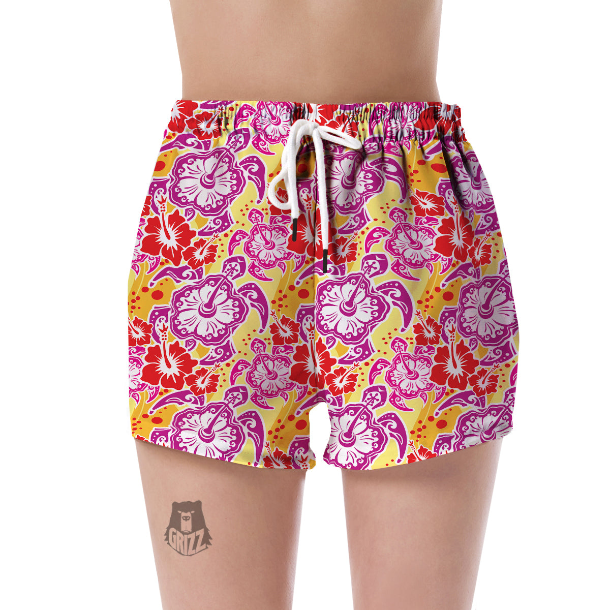 Sea Turtle Red Hibiscus Hawaiian Pattern Print Women's Shorts-grizzshop