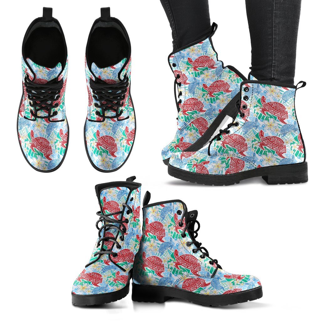 Sea Turtle Floral Hawaiian Pattern Print Men Women Leather Boots-grizzshop