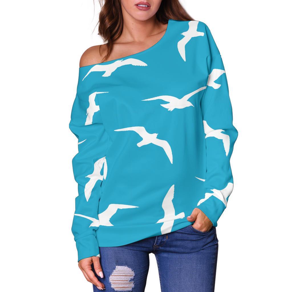 Seagull Pattern Print Women Off Shoulder Sweatshirt-grizzshop