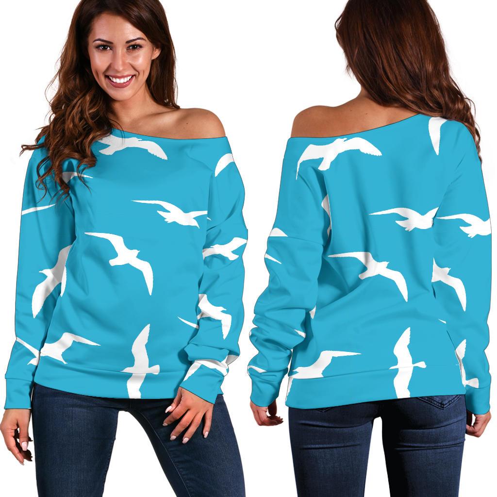 Seagull Pattern Print Women Off Shoulder Sweatshirt-grizzshop
