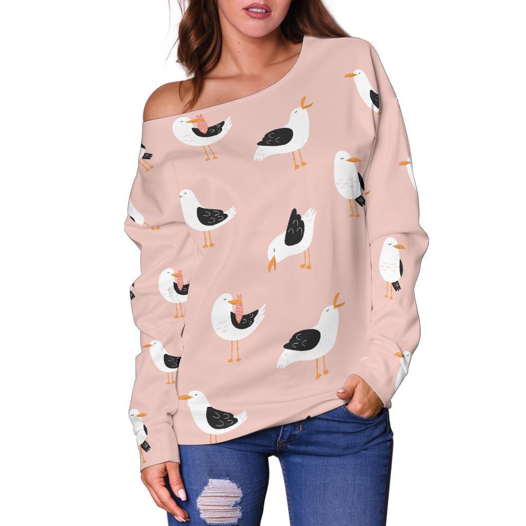 Seagull Pink Pattern Print Women Off Shoulder Sweatshirt-grizzshop