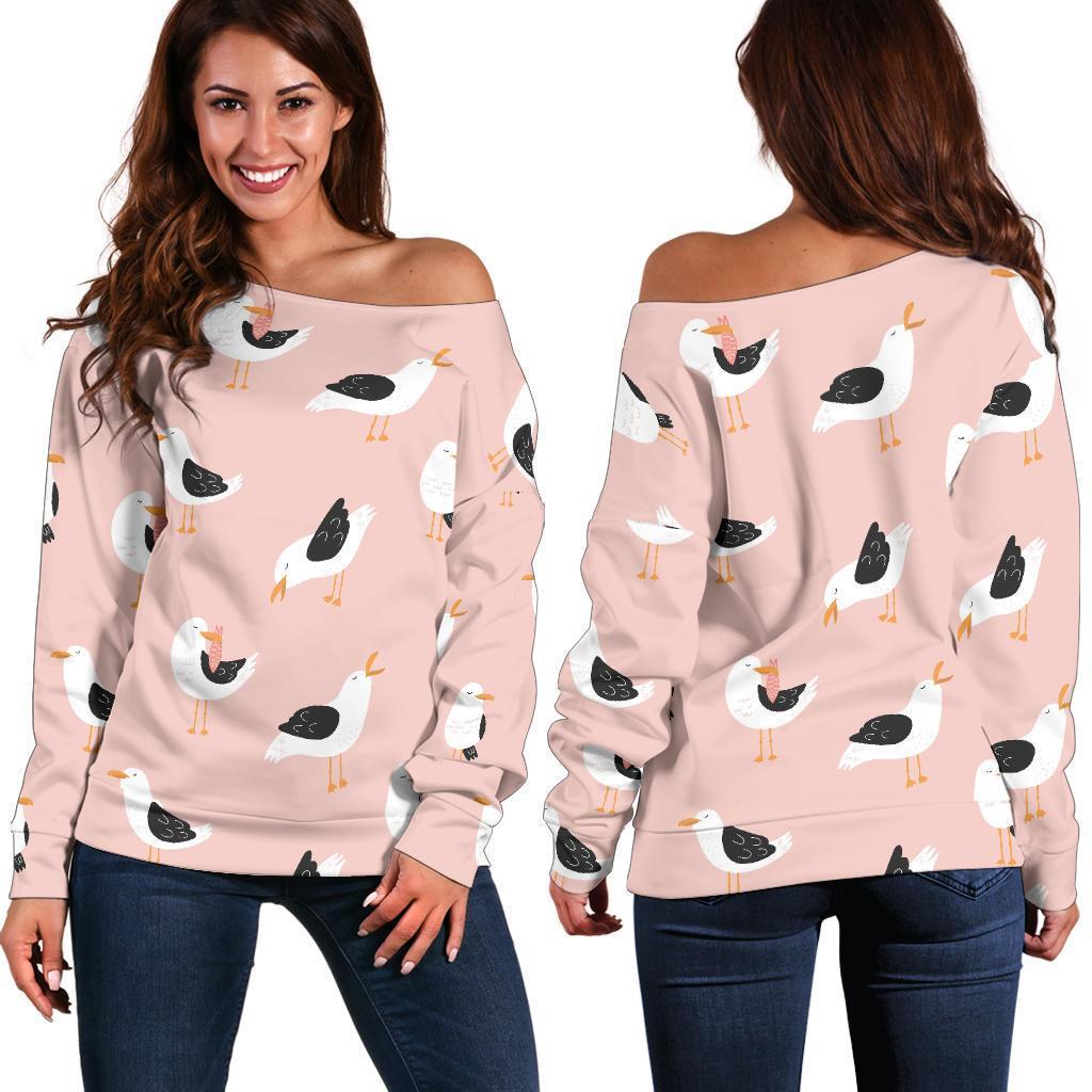 Seagull Pink Pattern Print Women Off Shoulder Sweatshirt-grizzshop