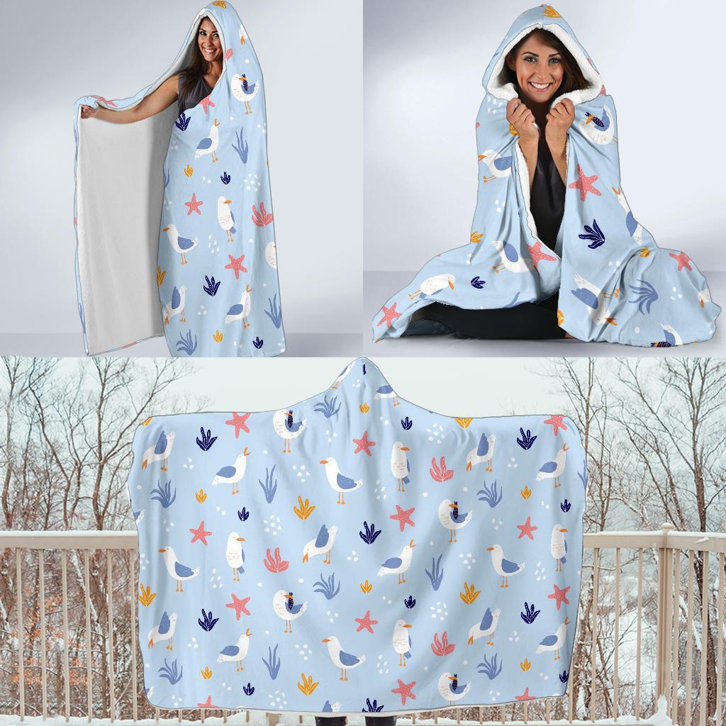 Seagull Print Pattern Hooded Blanket-grizzshop