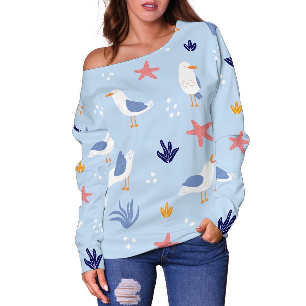 Seagull Print Pattern Women Off Shoulder Sweatshirt-grizzshop