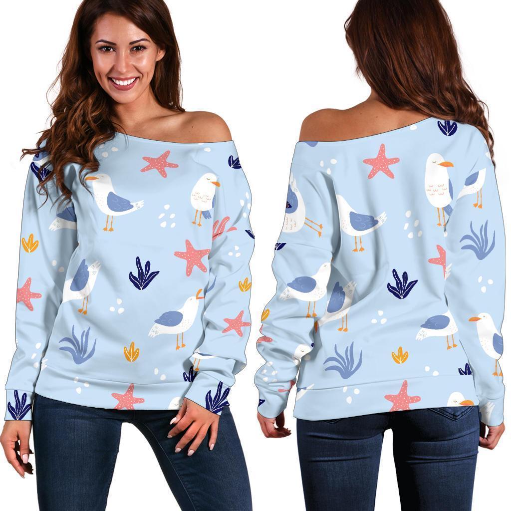 Seagull Print Pattern Women Off Shoulder Sweatshirt-grizzshop