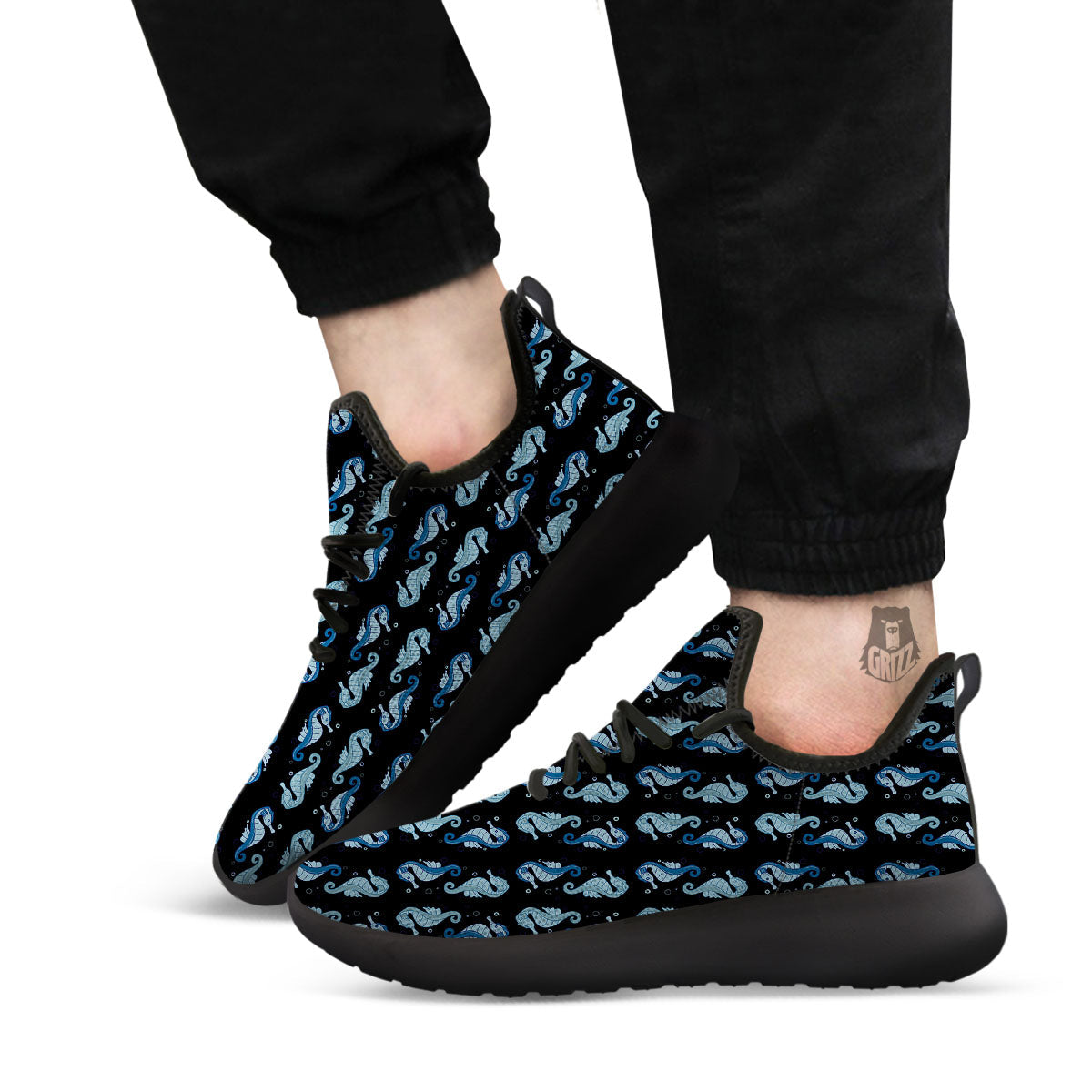 Seahorse Blue Print Pattern Black Athletic Shoes-grizzshop