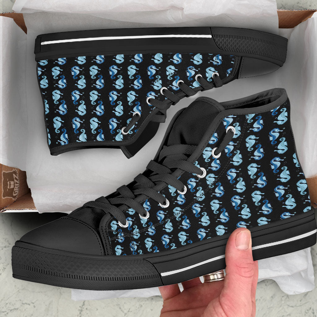 Seahorse Blue Print Pattern Black High Top Shoes-grizzshop