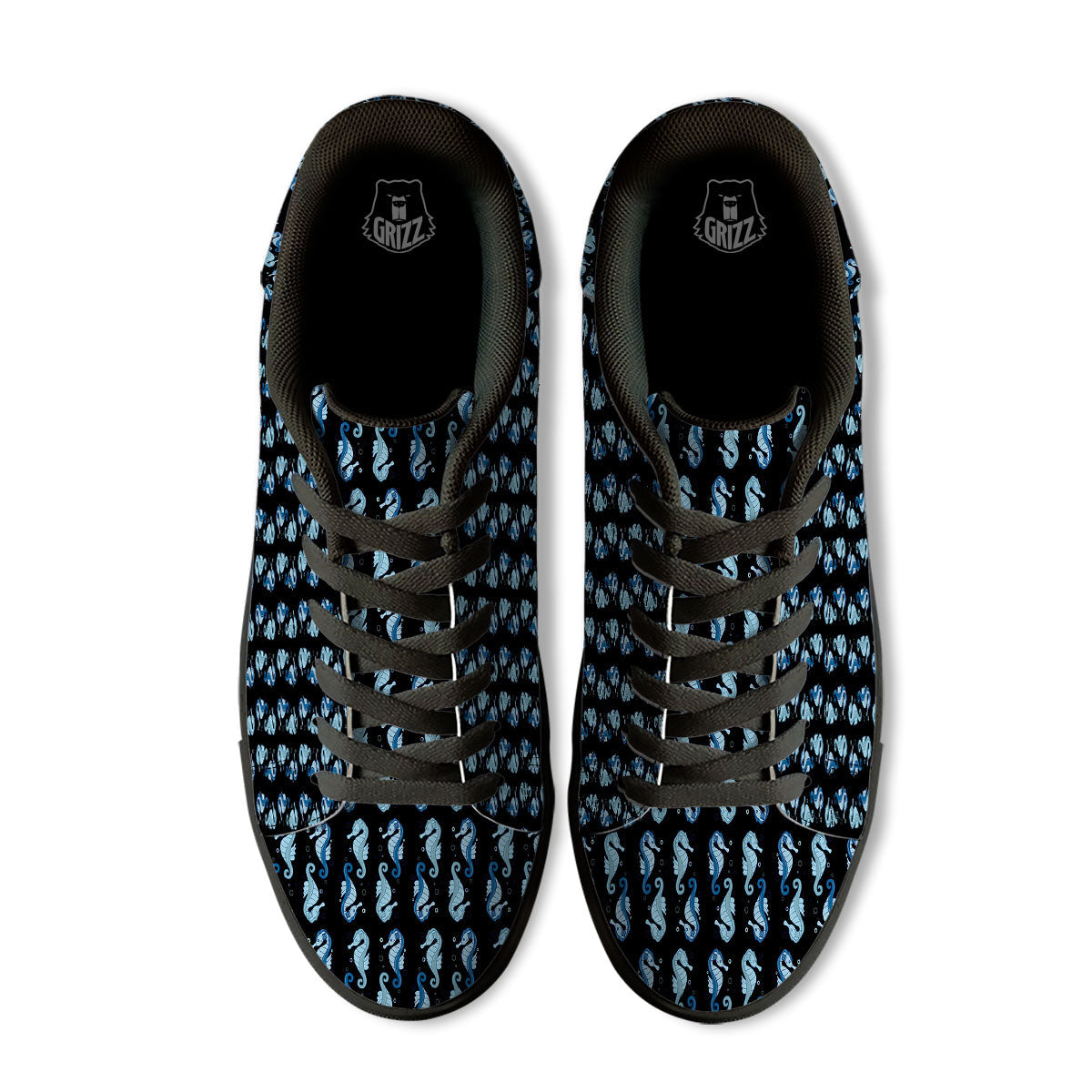 Seahorse Blue Print Pattern Black Low Top Sneakers-grizzshop