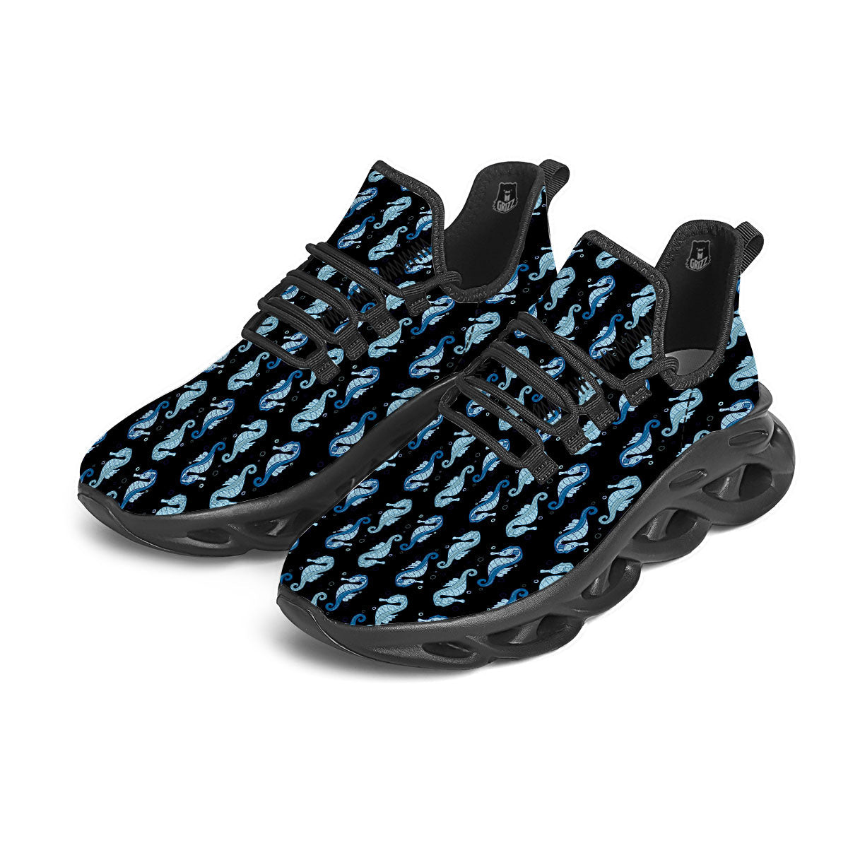 Seahorse Blue Print Pattern Black Running Shoes-grizzshop