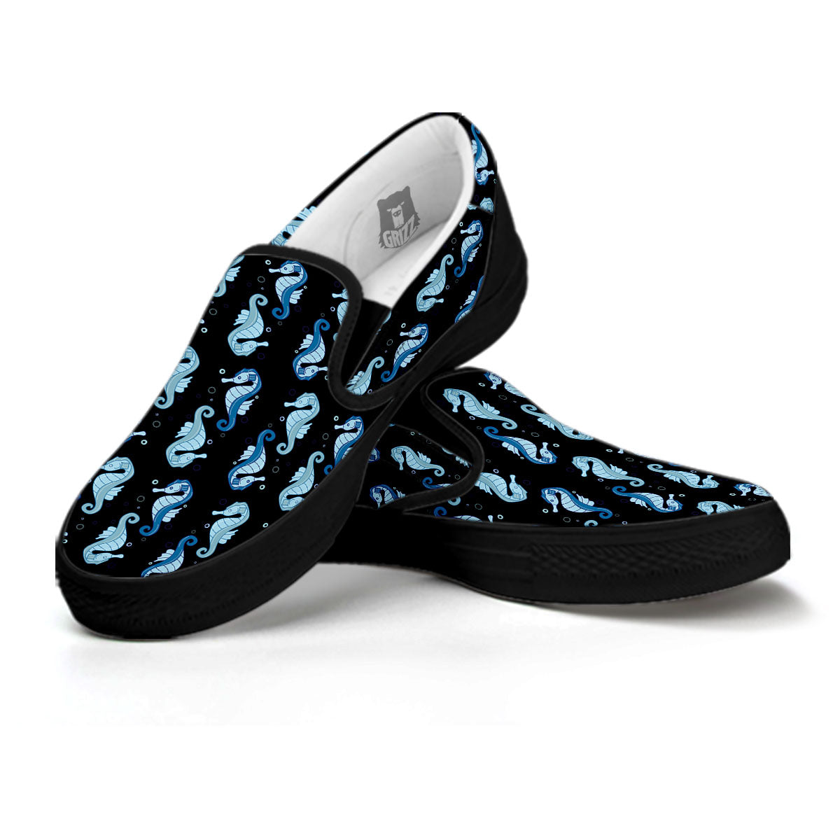 Seahorse Blue Print Pattern Black Slip On Shoes-grizzshop