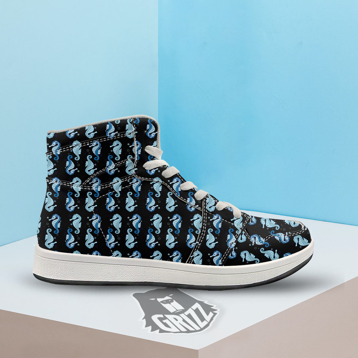 Seahorse Blue Print Pattern High Top Sneakers-grizzshop