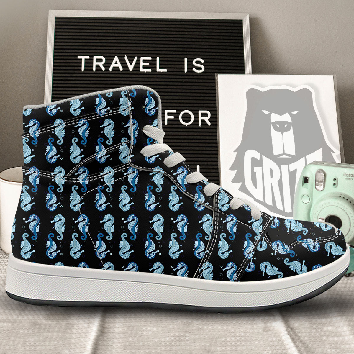 Seahorse Blue Print Pattern High Top Sneakers-grizzshop