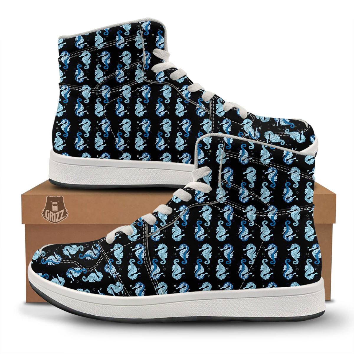 Seahorse Blue Print Pattern High Top Sneakers-grizzshop