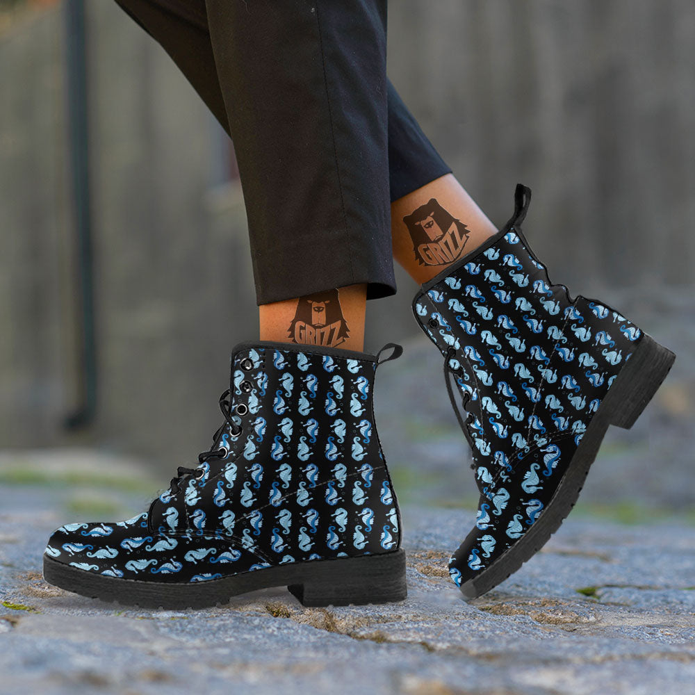 Seahorse Blue Print Pattern Leather Boots-grizzshop
