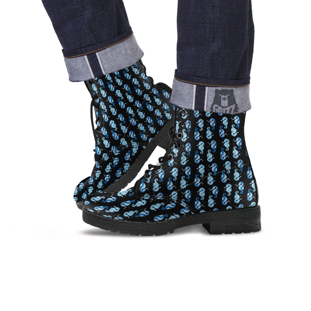 Seahorse Blue Print Pattern Leather Boots-grizzshop
