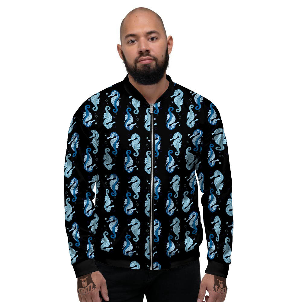 Seahorse Blue Print Pattern Men's Bomber Jacket-grizzshop