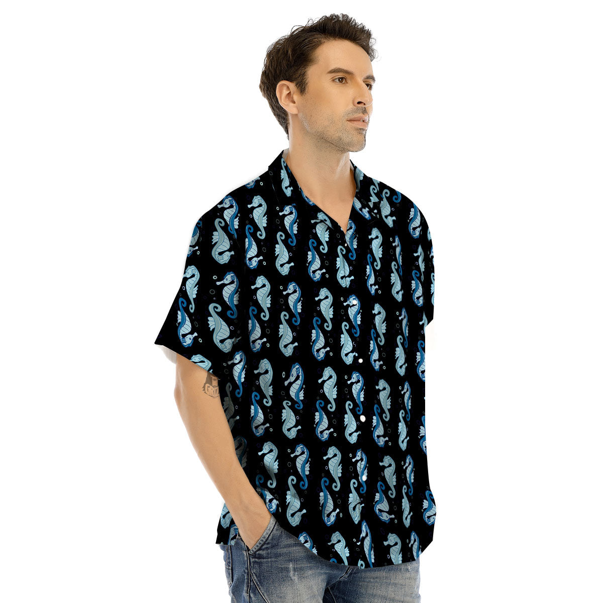 Seahorse Blue Print Pattern Men's Hawaiian Shirt-grizzshop