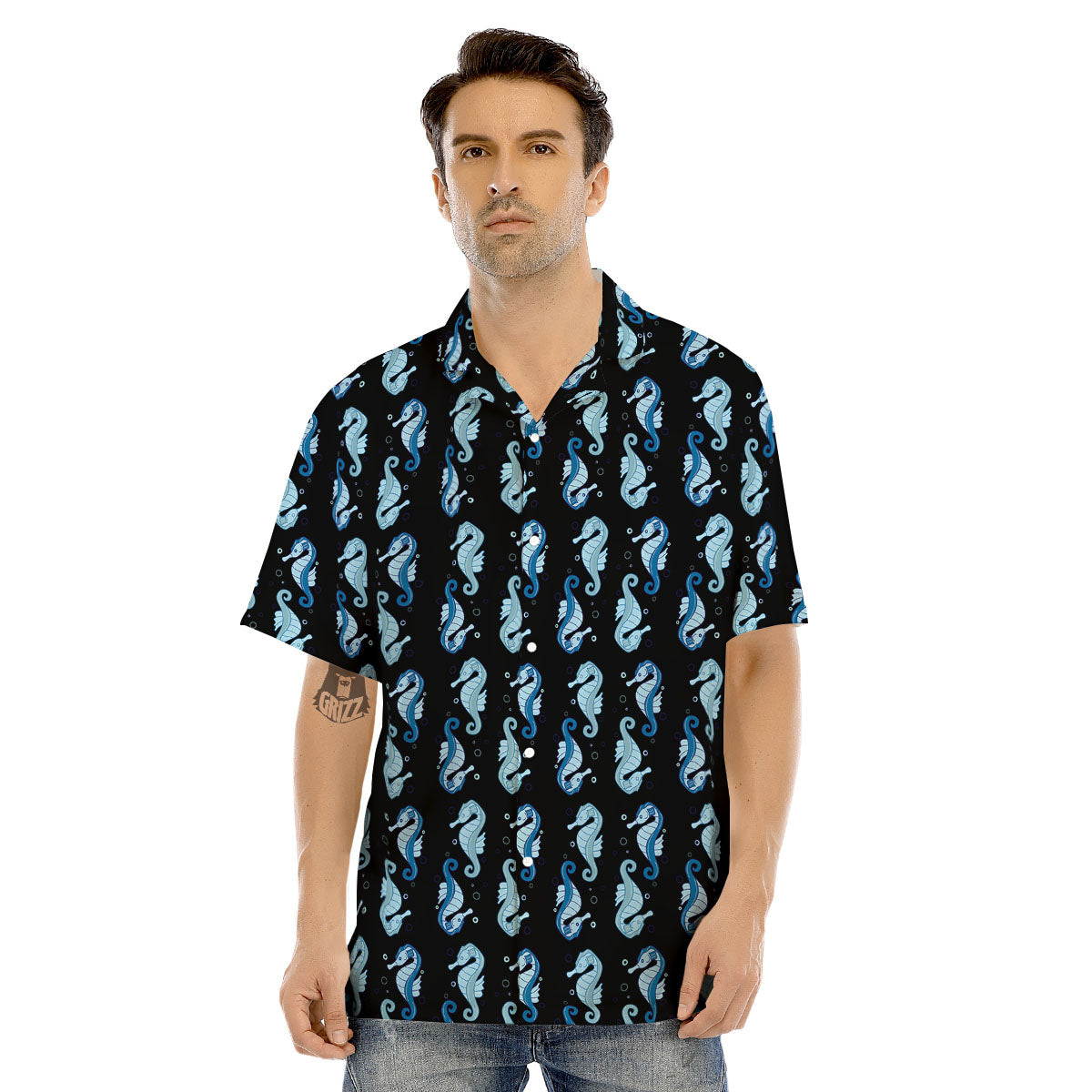 Seahorse Blue Print Pattern Men's Hawaiian Shirt-grizzshop