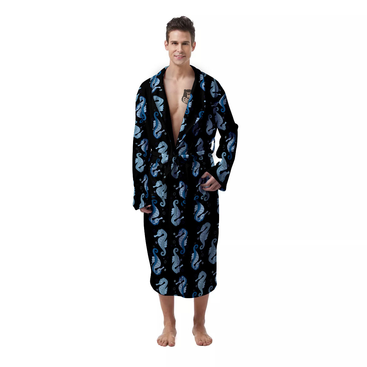 Seahorse Blue Print Pattern Men's Robe-grizzshop