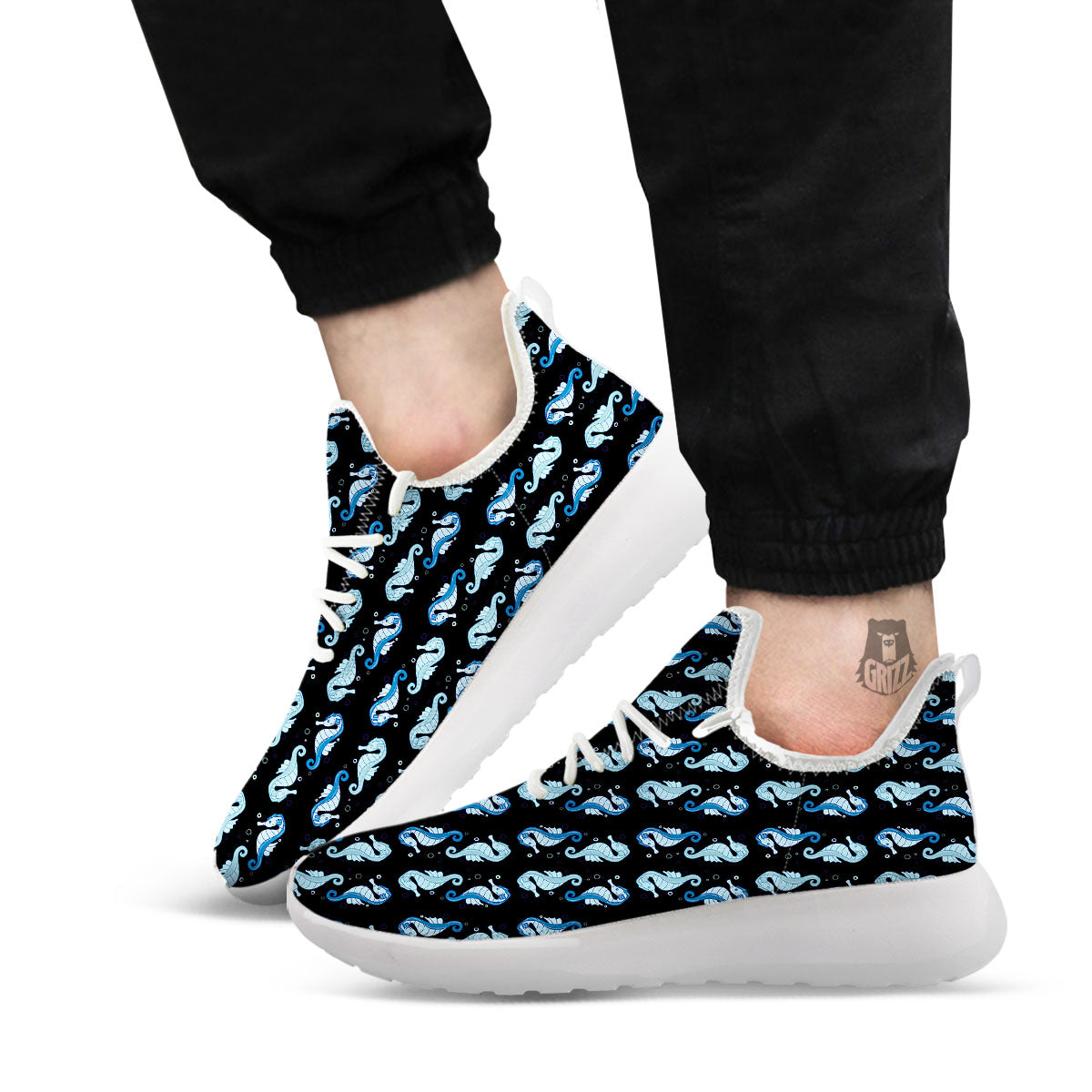 Seahorse Blue Print Pattern White Athletic Shoes-grizzshop