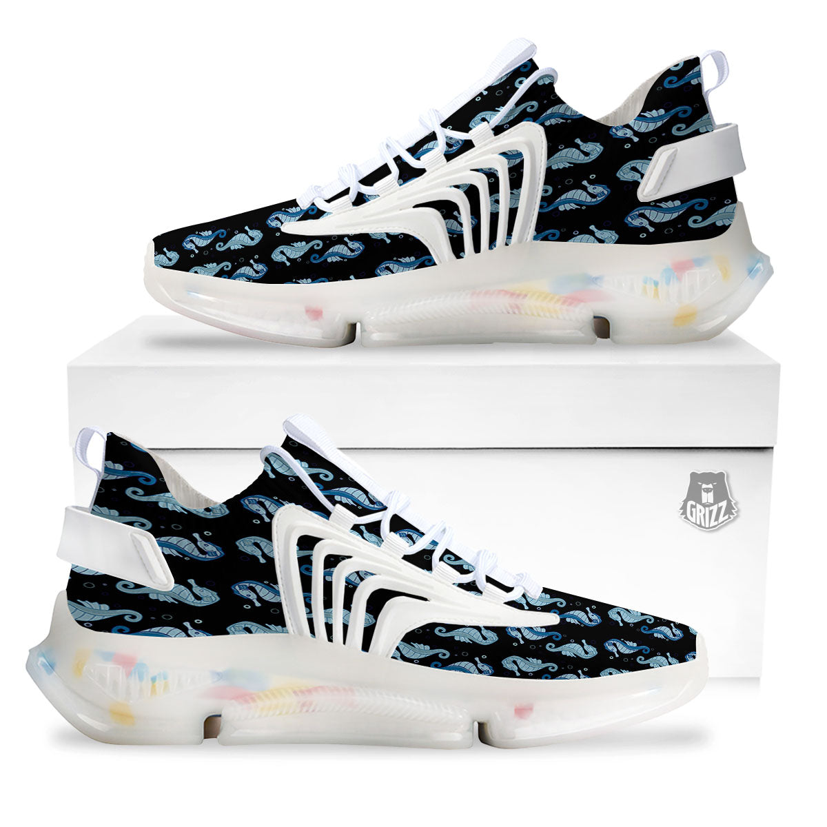 Seahorse Blue Print Pattern White Gym Shoes-grizzshop