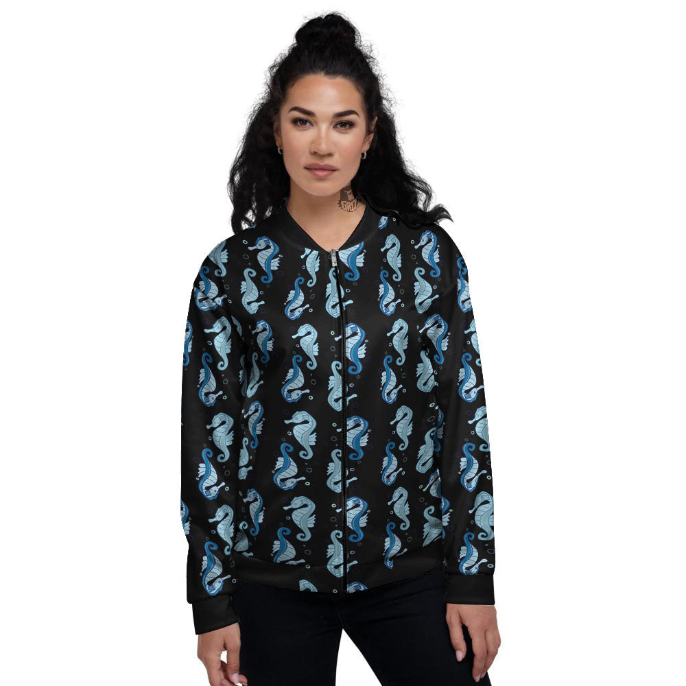 Seahorse Blue Print Pattern Women's Bomber Jacket-grizzshop