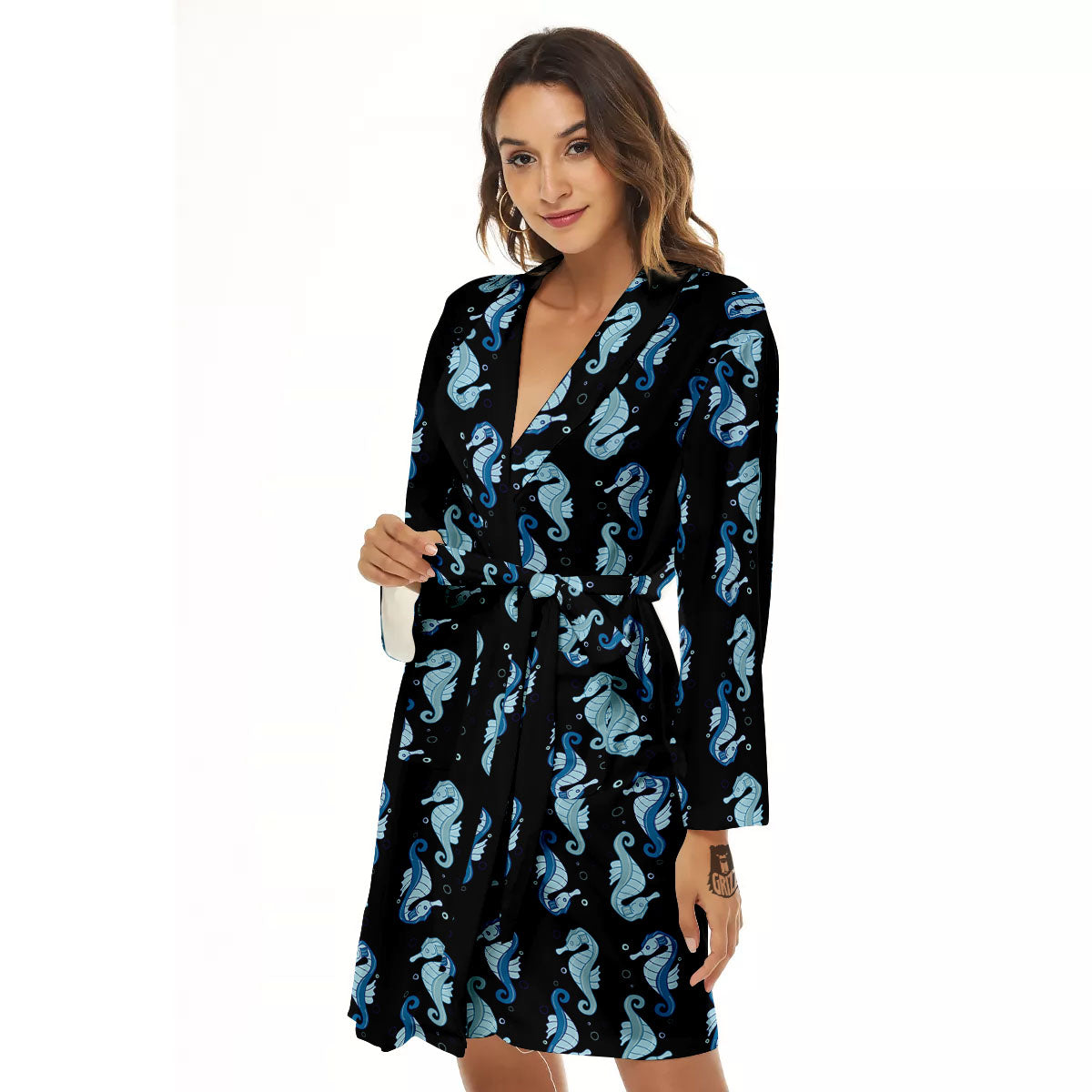 Seahorse Blue Print Pattern Women's Robe-grizzshop
