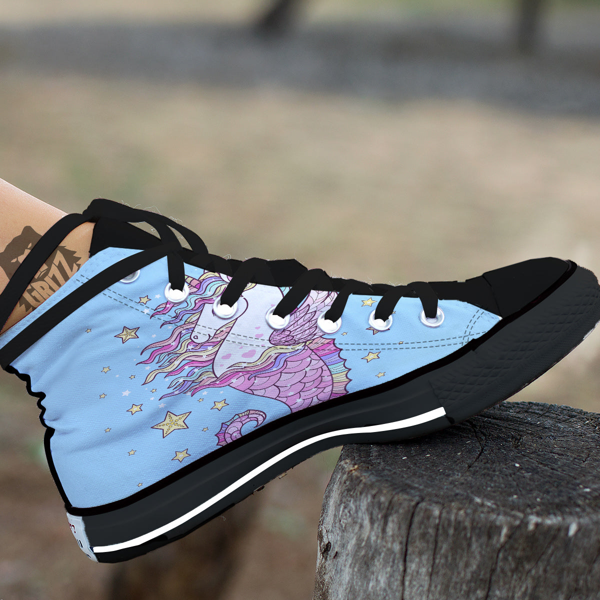 Seahorse Colorful Print Black High Top Shoes-grizzshop