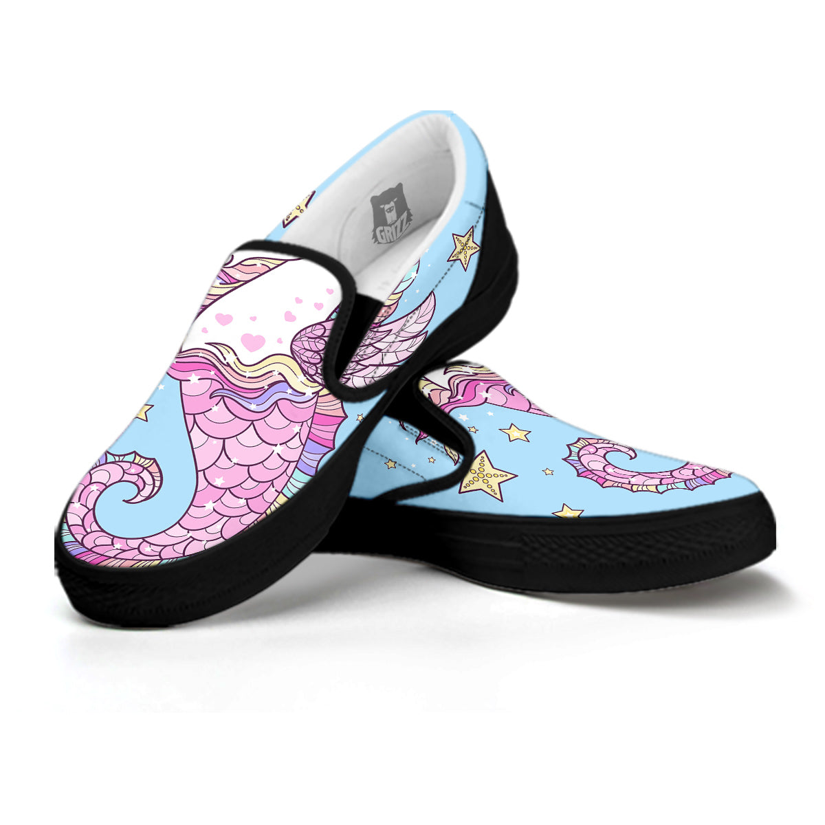 Seahorse Colorful Print Black Slip On Shoes-grizzshop