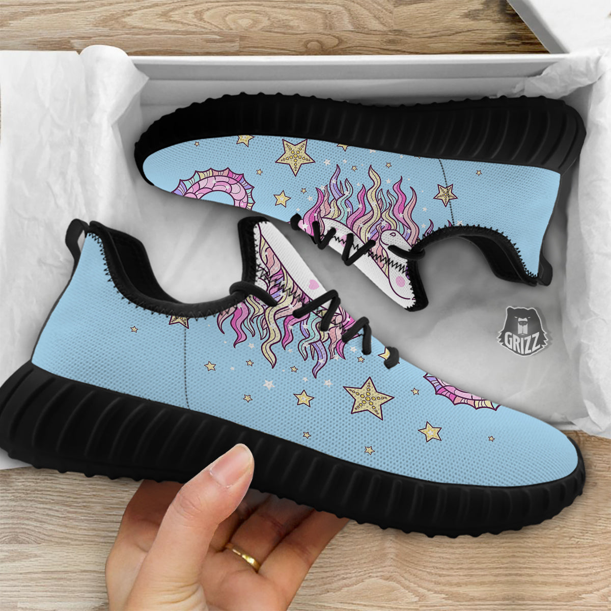 Seahorse Colorful Print Black Walking Shoes-grizzshop