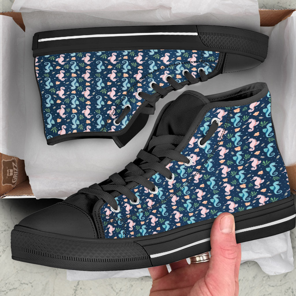 Seahorse Colorful Print Pattern Black High Top Shoes-grizzshop