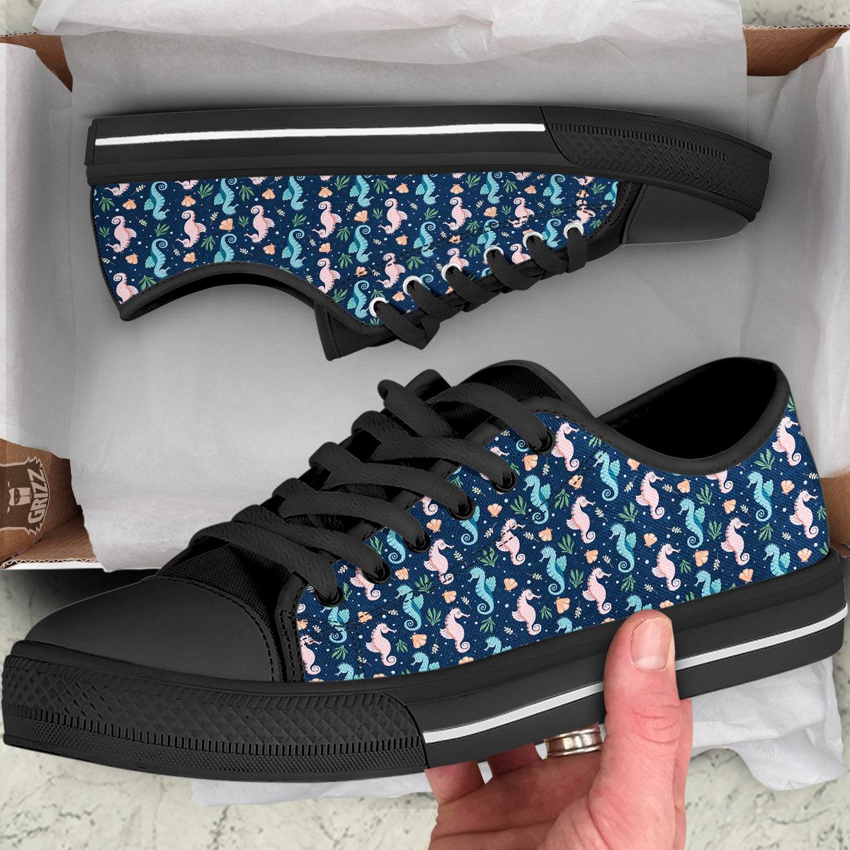 Seahorse Colorful Print Pattern Black Low Top Shoes-grizzshop