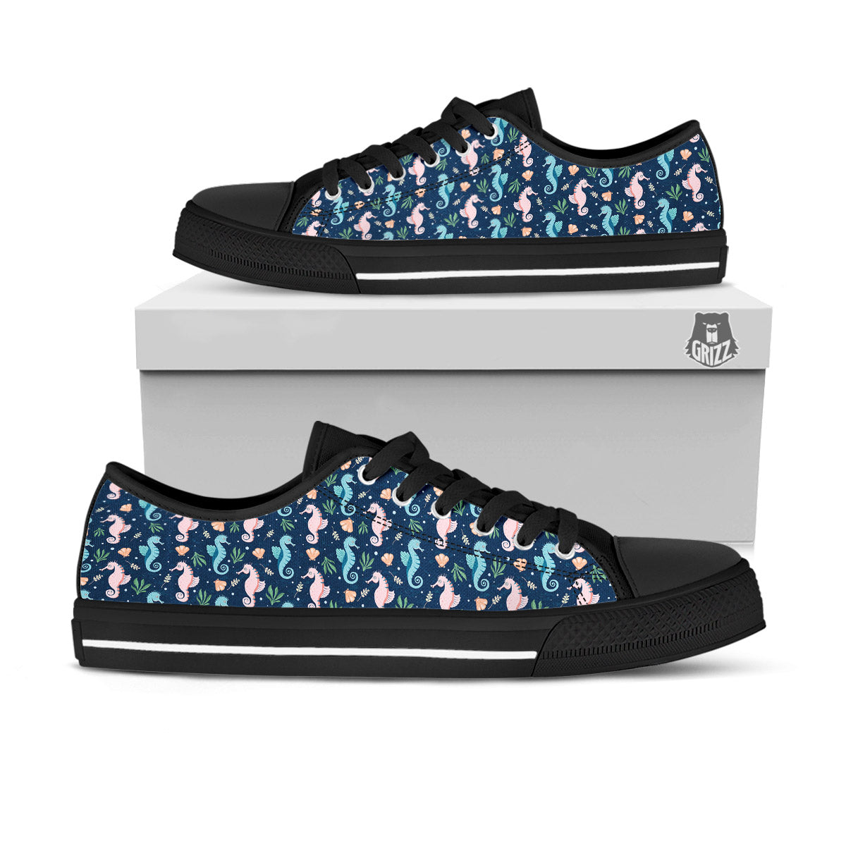 Seahorse Colorful Print Pattern Black Low Top Shoes-grizzshop