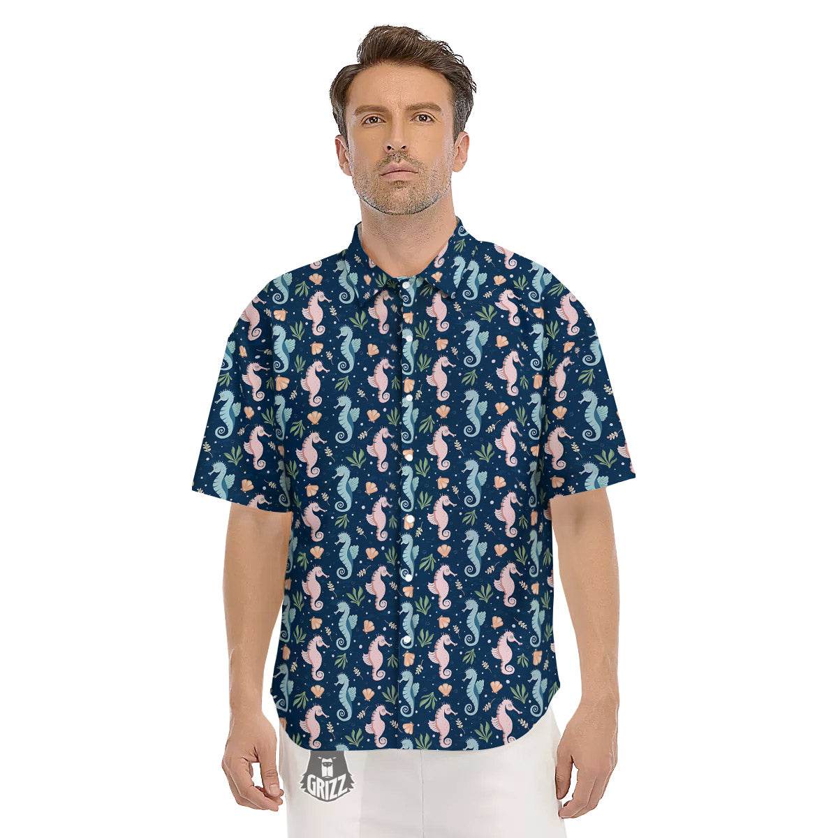 Seahorse Colorful Print Pattern Men's Short Sleeve Shirts-grizzshop