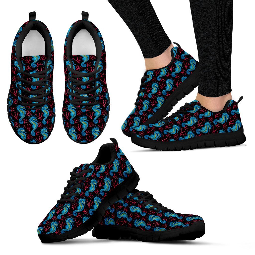 Seahorse Navy Pattern Print Black Sneaker Shoes For Men Women-grizzshop