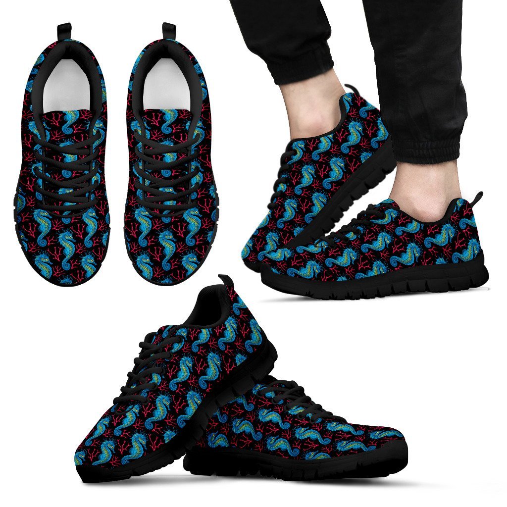 Seahorse Navy Pattern Print Black Sneaker Shoes For Men Women-grizzshop