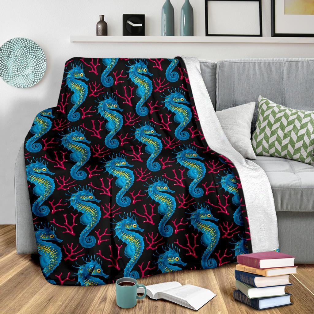 Seahorse Navy Pattern Print Blanket-grizzshop