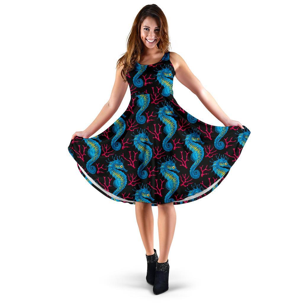 Seahorse Navy Pattern Print Dress-grizzshop