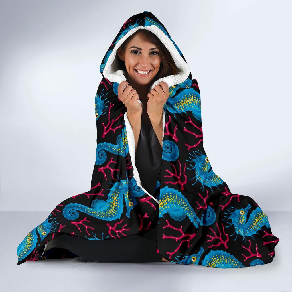 Seahorse Navy Pattern Print Hooded Blanket-grizzshop