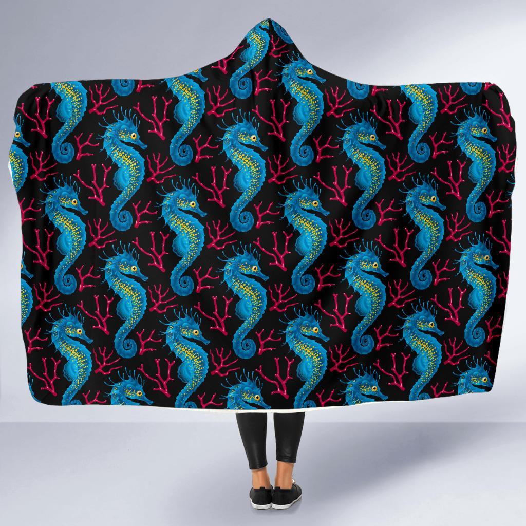 Seahorse Navy Pattern Print Hooded Blanket-grizzshop