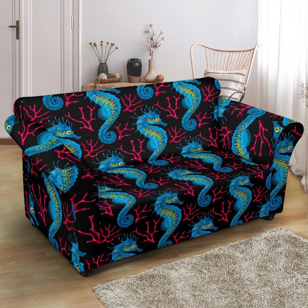 Seahorse Navy Pattern Print Loveseat Cover-grizzshop