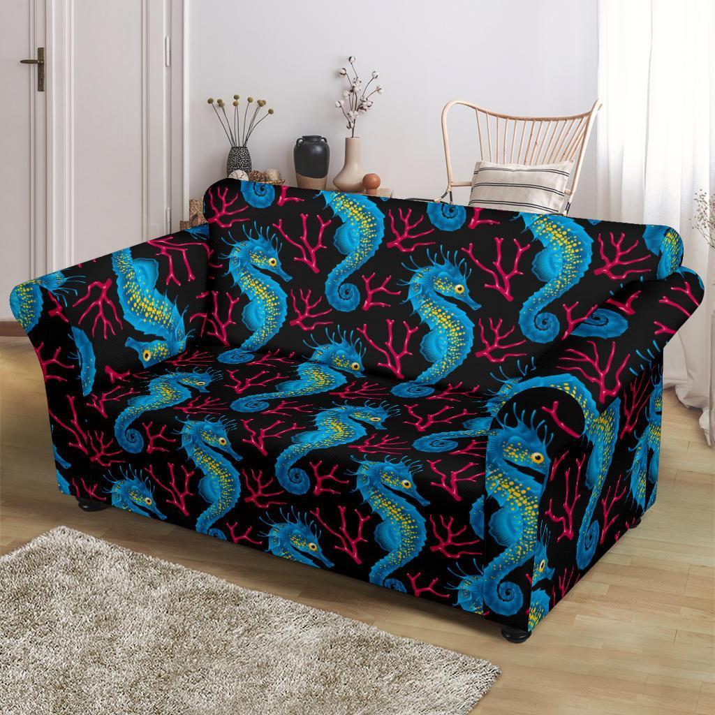 Seahorse Navy Pattern Print Loveseat Cover-grizzshop