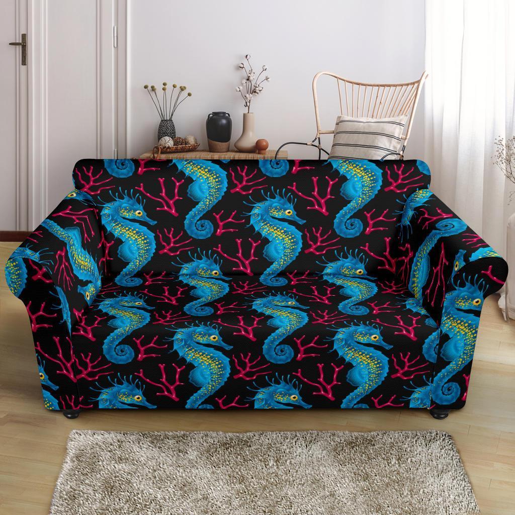 Seahorse Navy Pattern Print Loveseat Cover-grizzshop