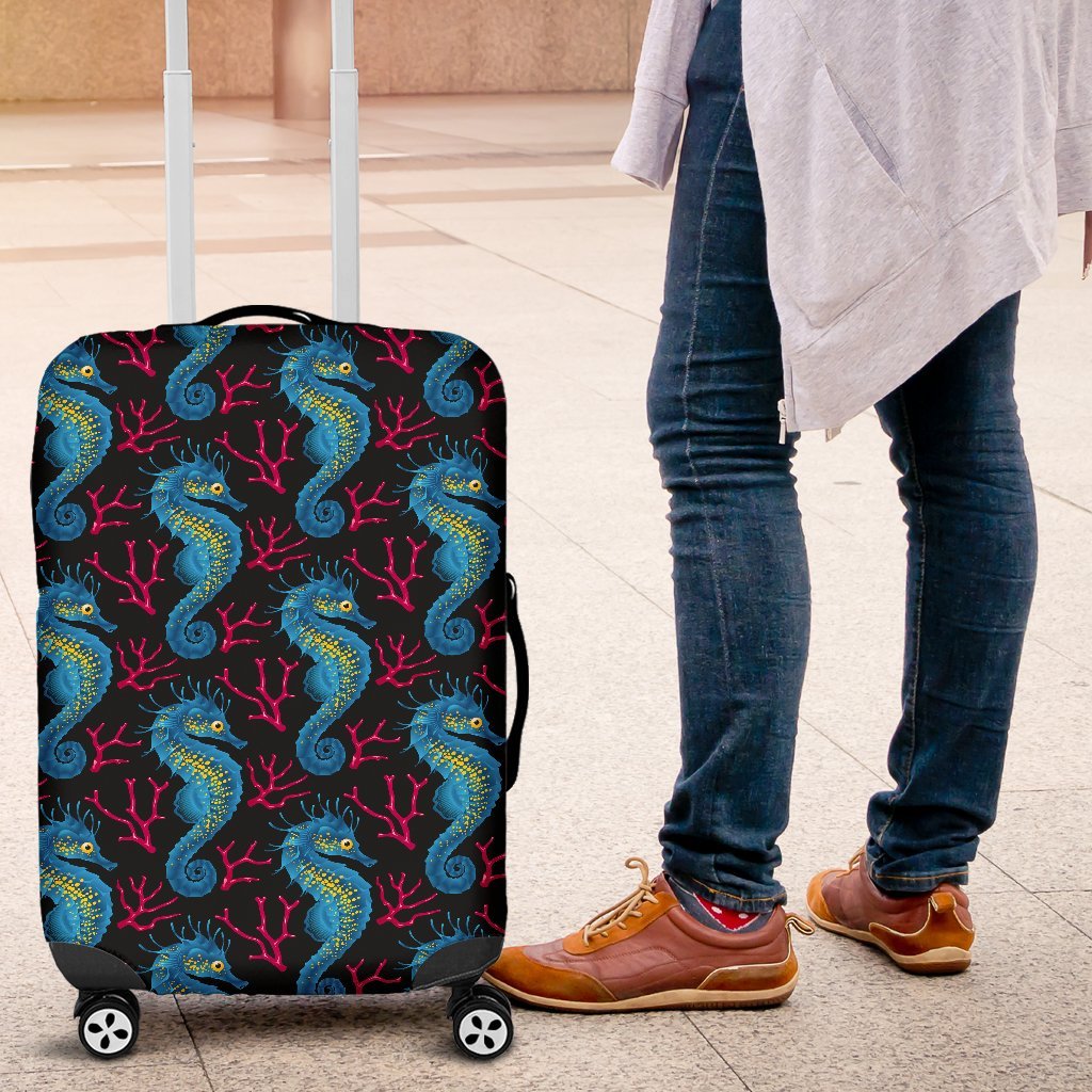 Seahorse Navy Pattern Print Luggage Cover Protector-grizzshop