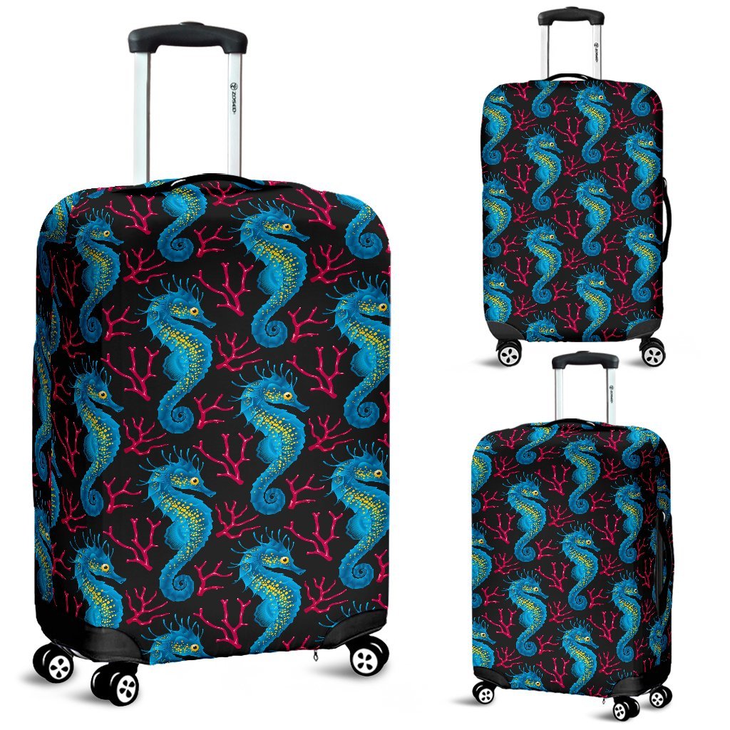 Seahorse Navy Pattern Print Luggage Cover Protector-grizzshop