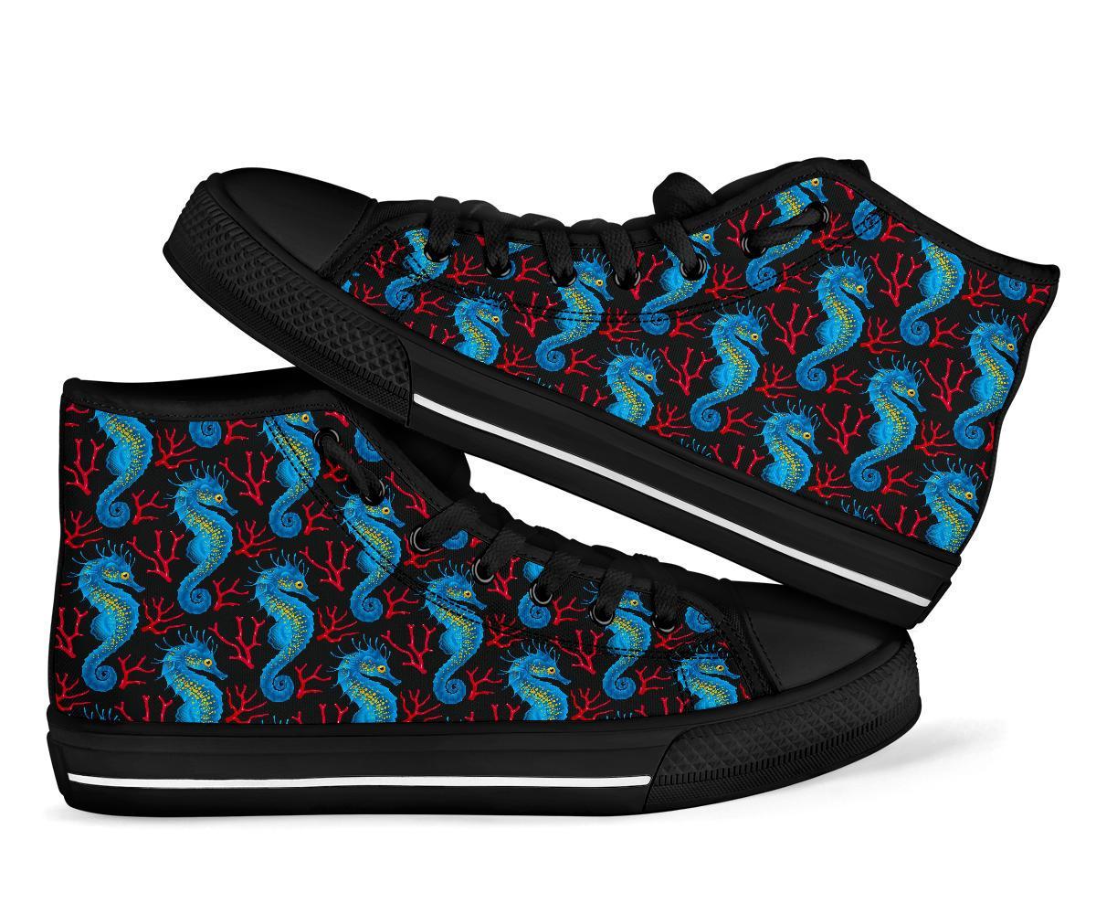 Seahorse Navy Pattern Print Men Women's High Top Shoes-grizzshop