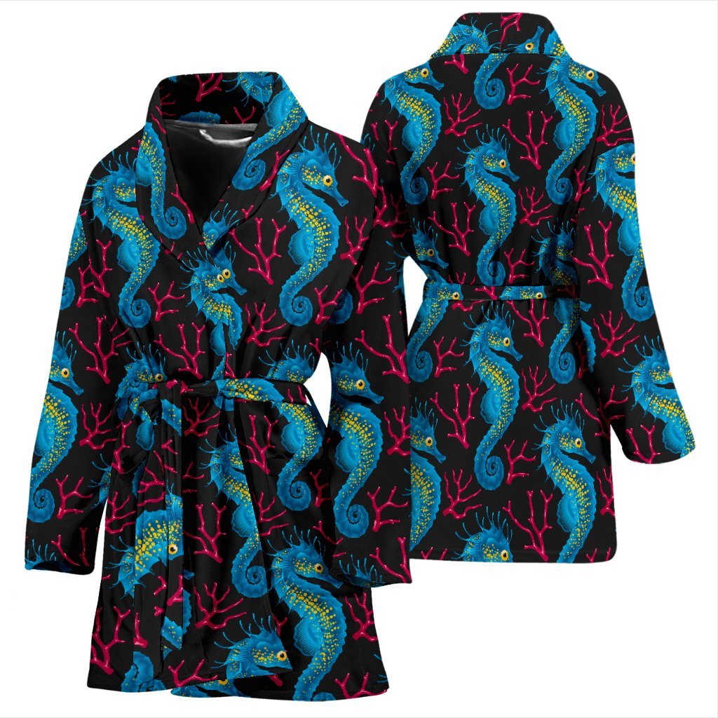 Seahorse Navy Pattern Print Women Long Robe-grizzshop