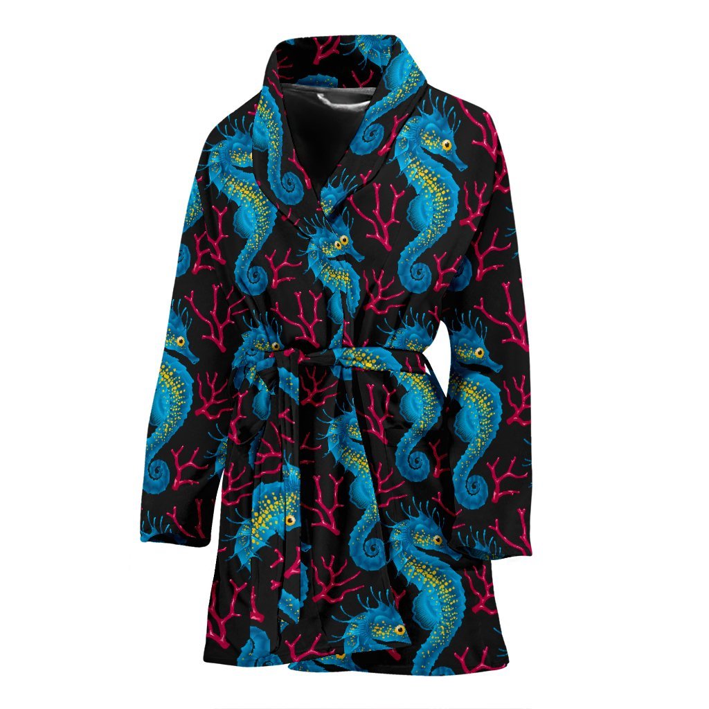 Seahorse Navy Pattern Print Women Long Robe-grizzshop