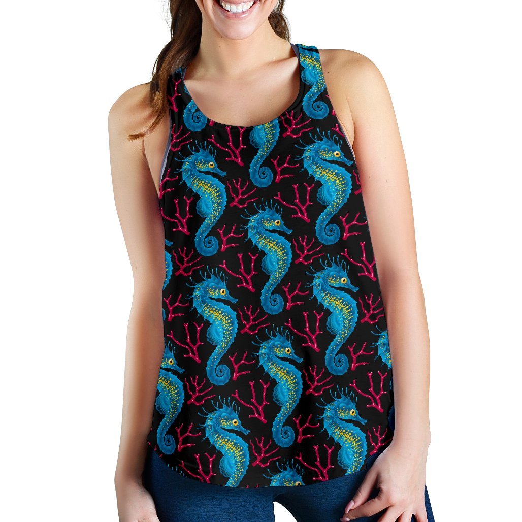 Seahorse Navy Pattern Print Women's Racerback Tank Tops-grizzshop